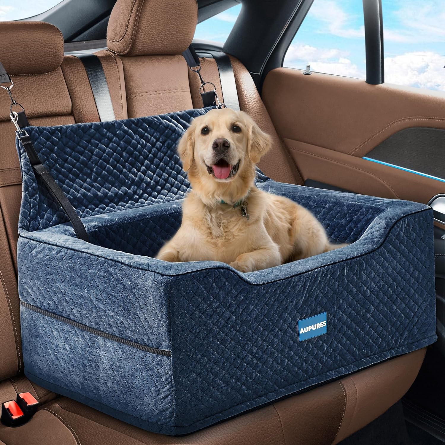 Aupures Adjustable Dog Car Seat - Comfy & Secure for 2 Dogs