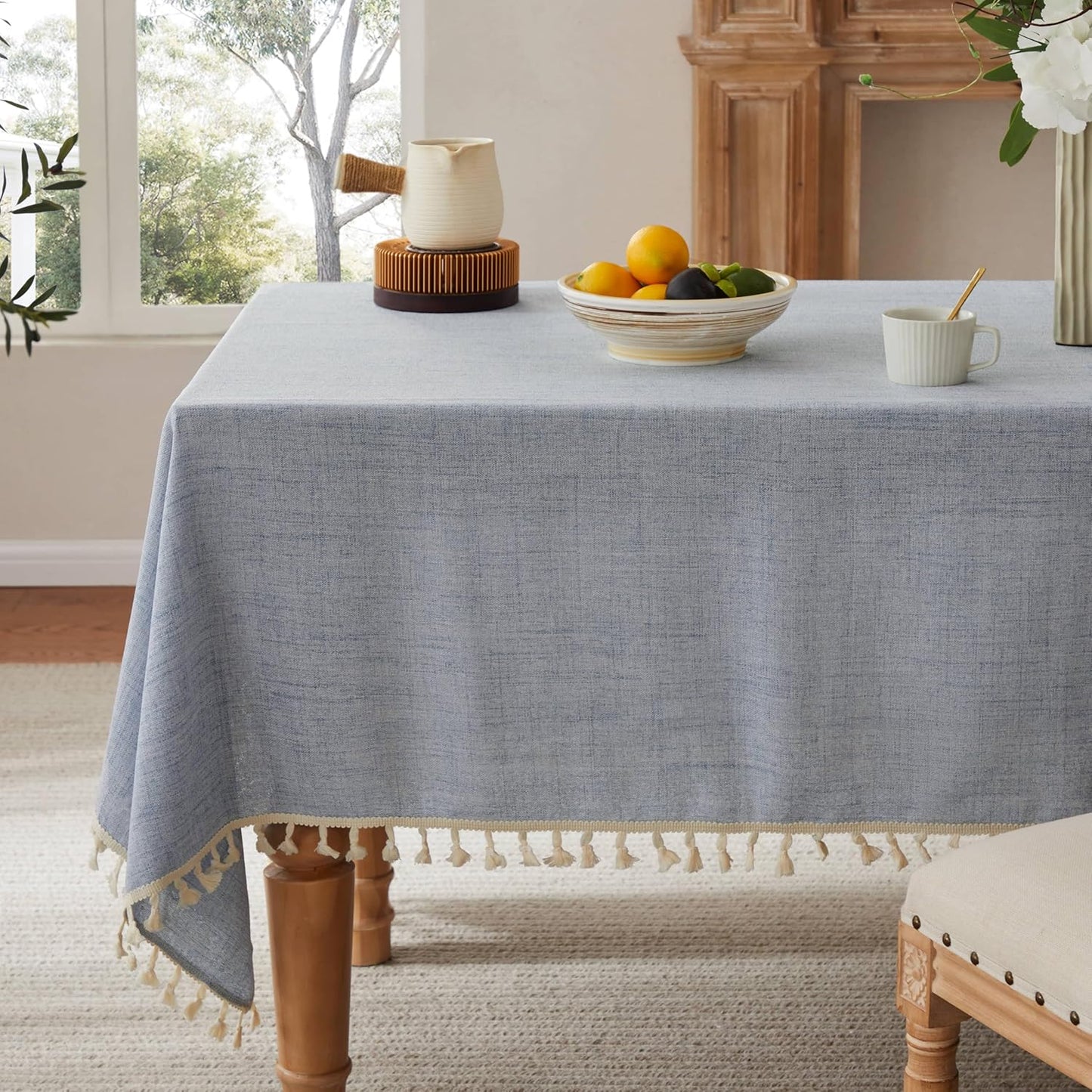 Farmhouse Style Blue Tablecloth with Tassels for Rectangle Tables