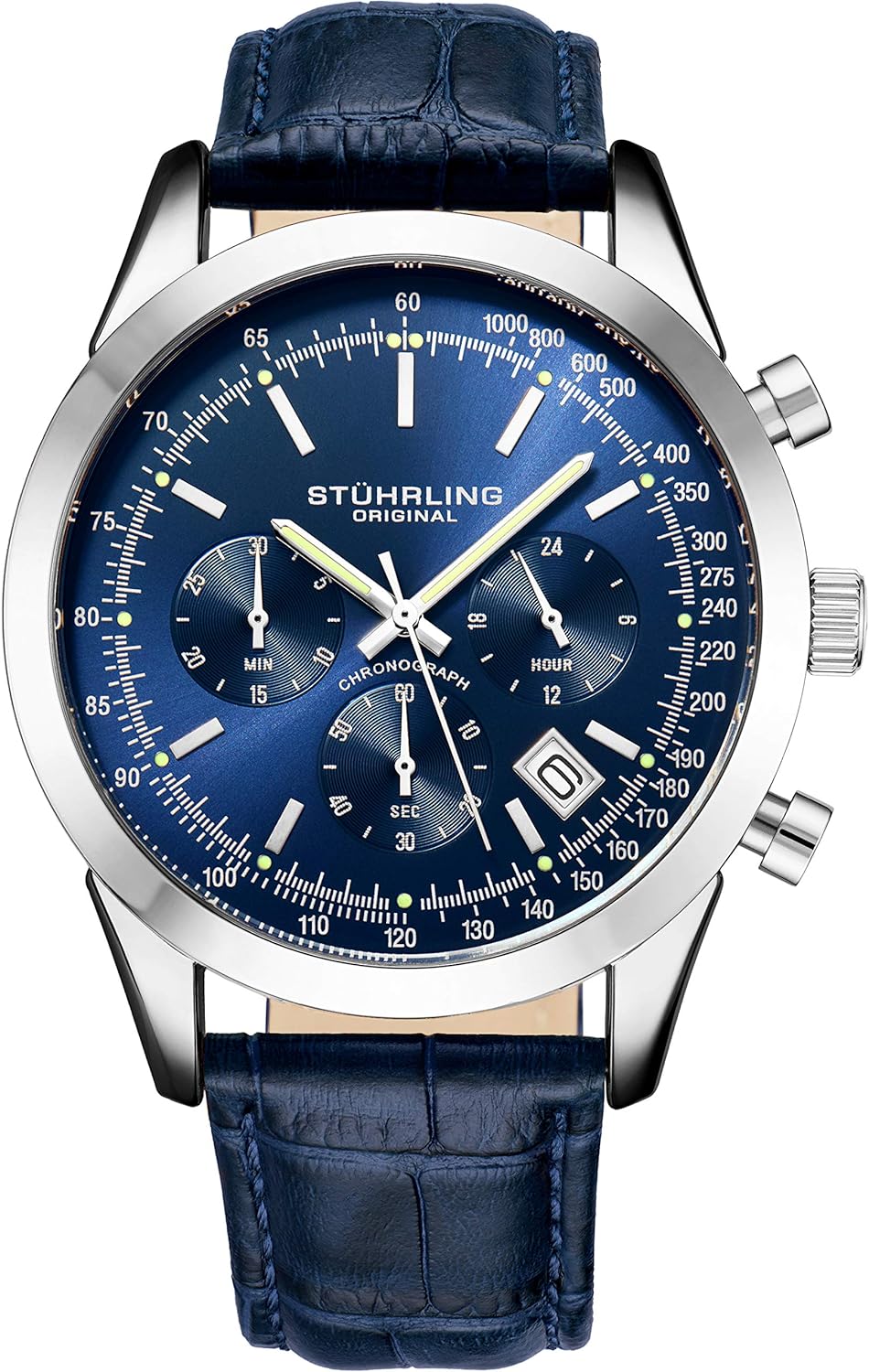 Stuhrling Chronograph Watch - Blue Dial, Tachymeter, 24-Hr Subdial