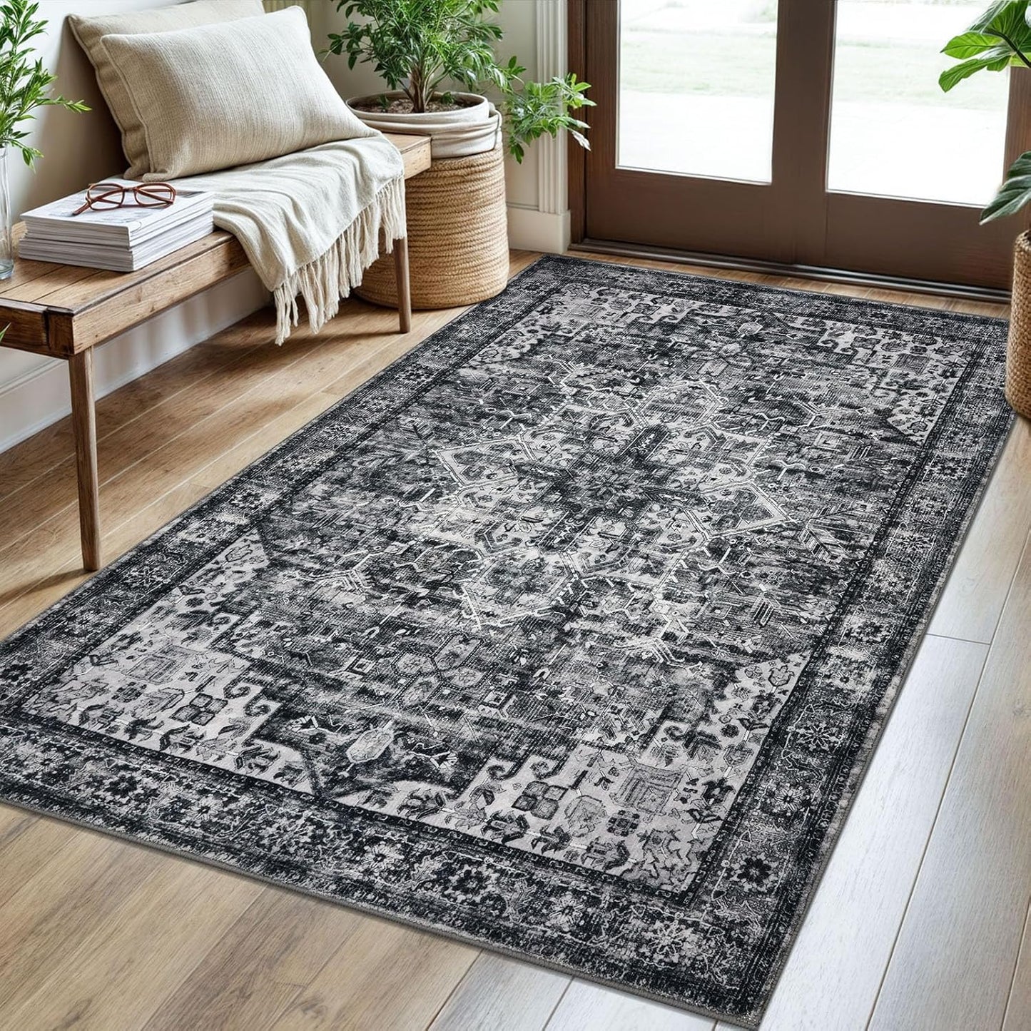 3x5 Moss Charcoal Washable Rug for Living Room and Bedroom