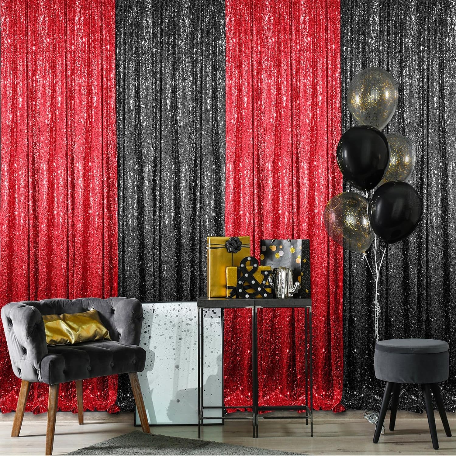 4 Panels Red and Black Sequin Backdrop Curtain for Events