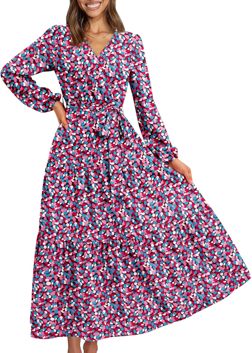 PRETTYGARDEN Womens Spring Long Sleeve Wrap V Neck Maxi Dress