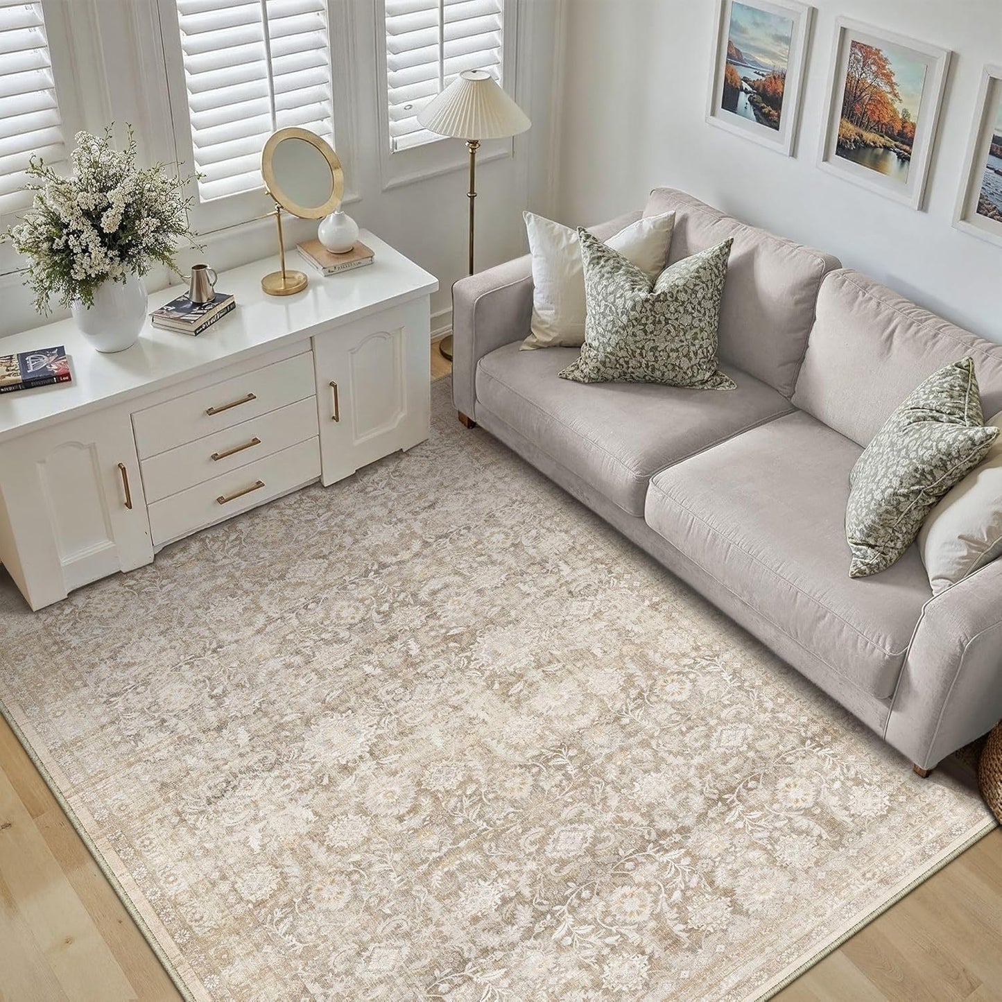 3x5 Beige Washable Area Rug for Entryway Vintage Design