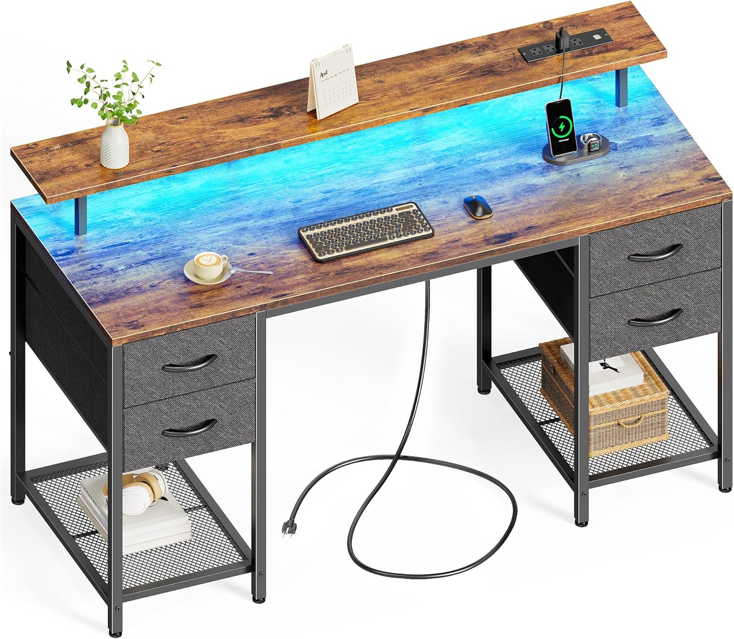 Huuger 55 inch Computer Desk with LED Lights and Drawers