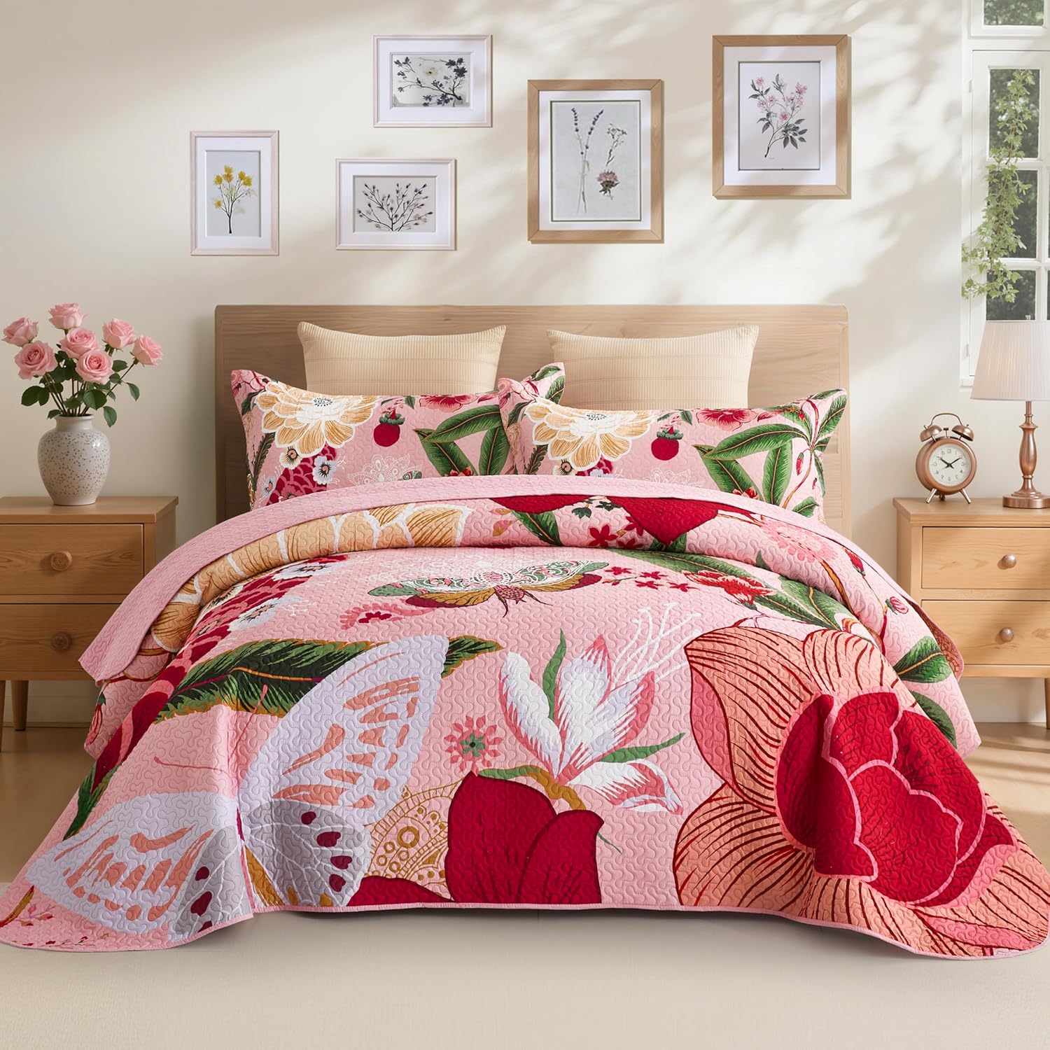 3 Piece Pink Boho Floral Quilt Set for Full/Queen Beds