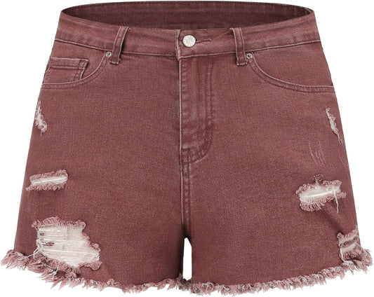 Mid Rise Ripped Stretchy Jeans Shorts for Women - Casual Denim