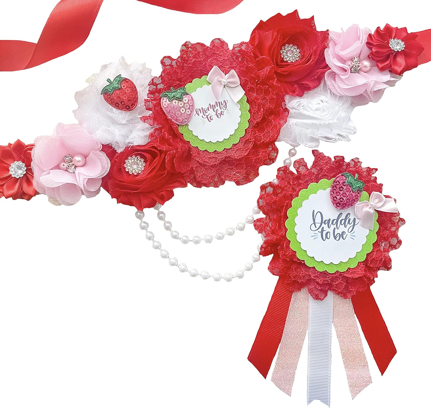Strawberry Baby Shower Sash for Mom to Be with Dad Pin