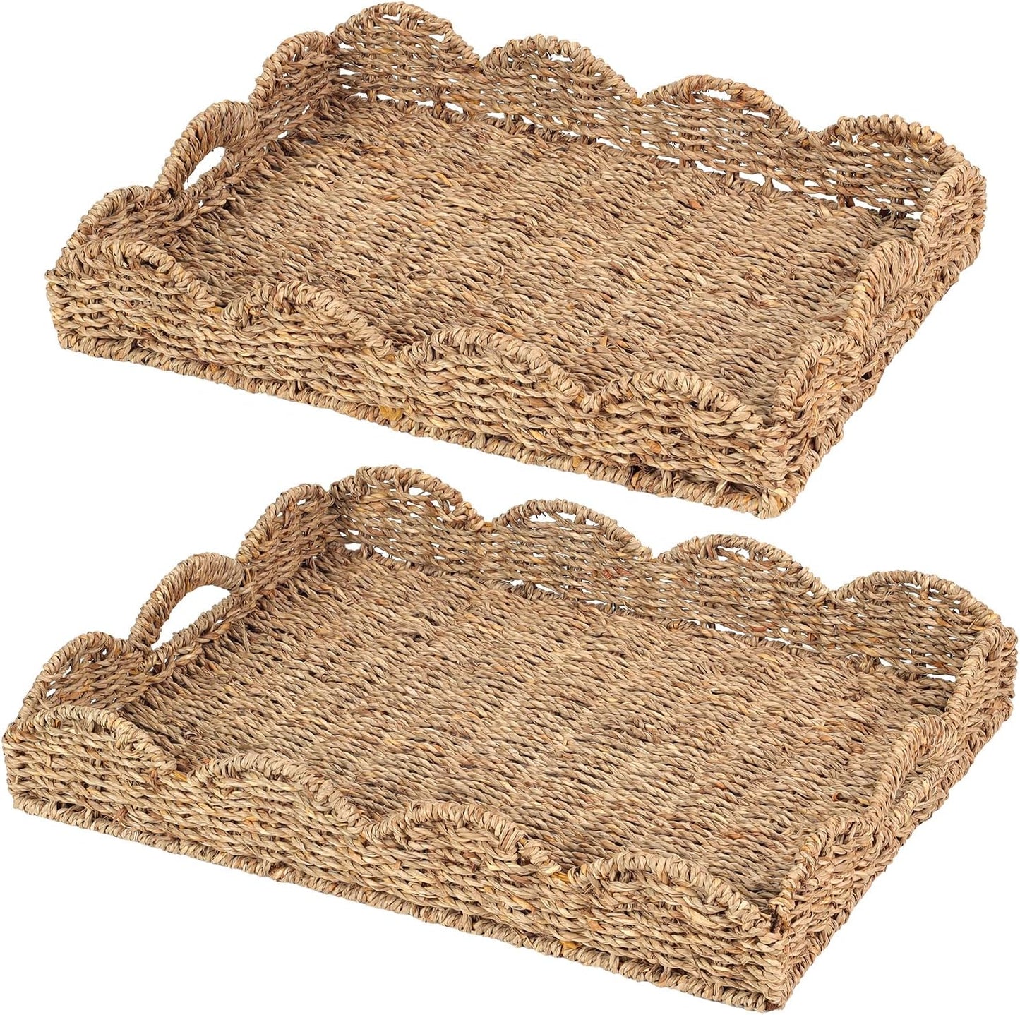 2Pcs Scalloped Basket Set - Decorative Seagrass Tray for Home