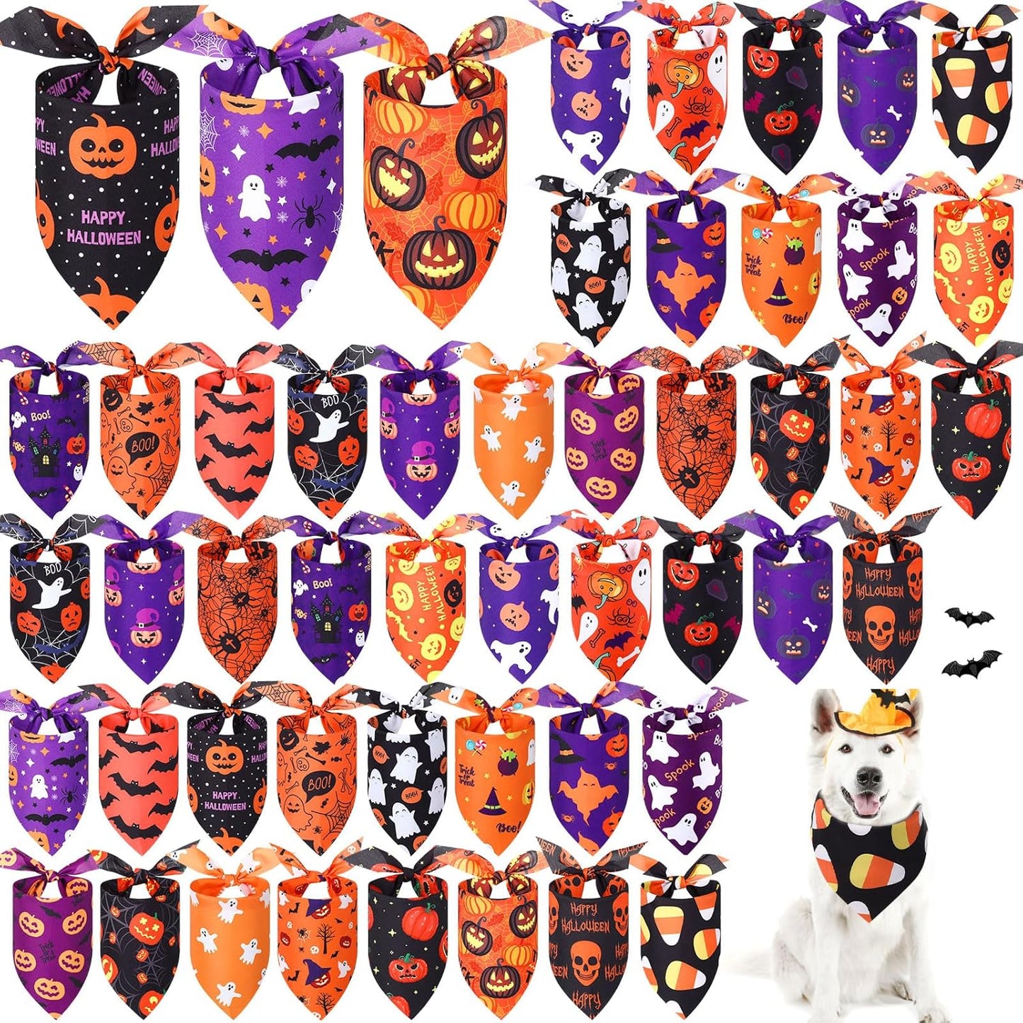 50 Pcs Halloween Dog Bandanas for Pets - Pumpkin Triangle Bibs