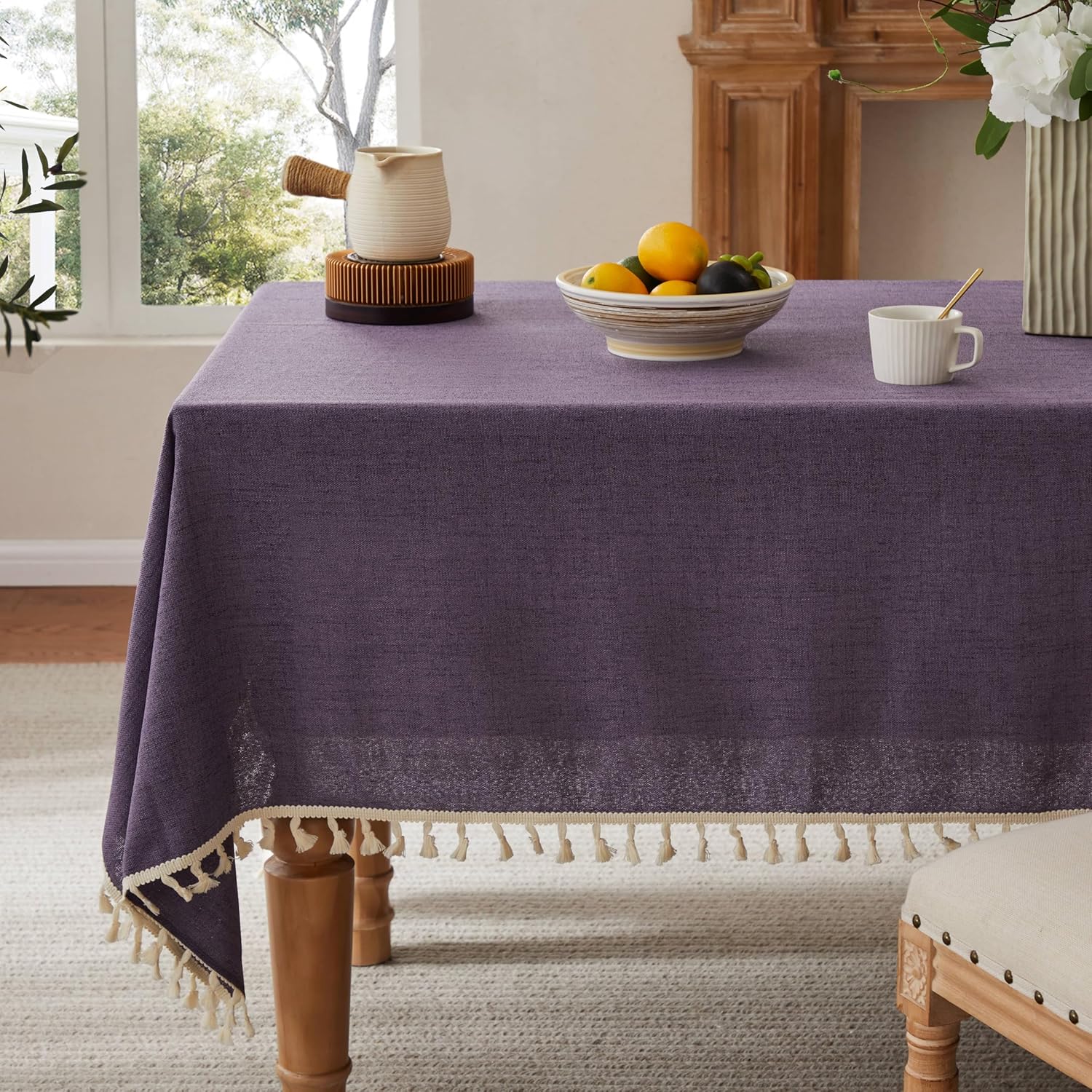 Farmhouse Style Purple Tablecloth with Tassels for Rectangle Tables
