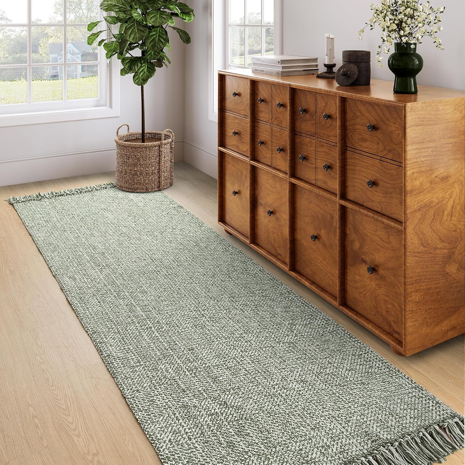 Collive Long Hallway Runner - Olive Green/Cream Braided Rug