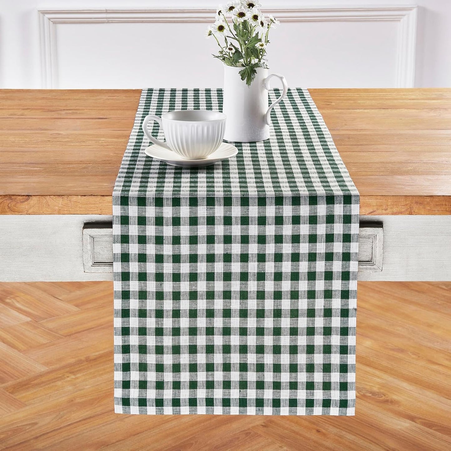 Gingham Check Table Runner 14 x 48 Inch - Pure Linen Green