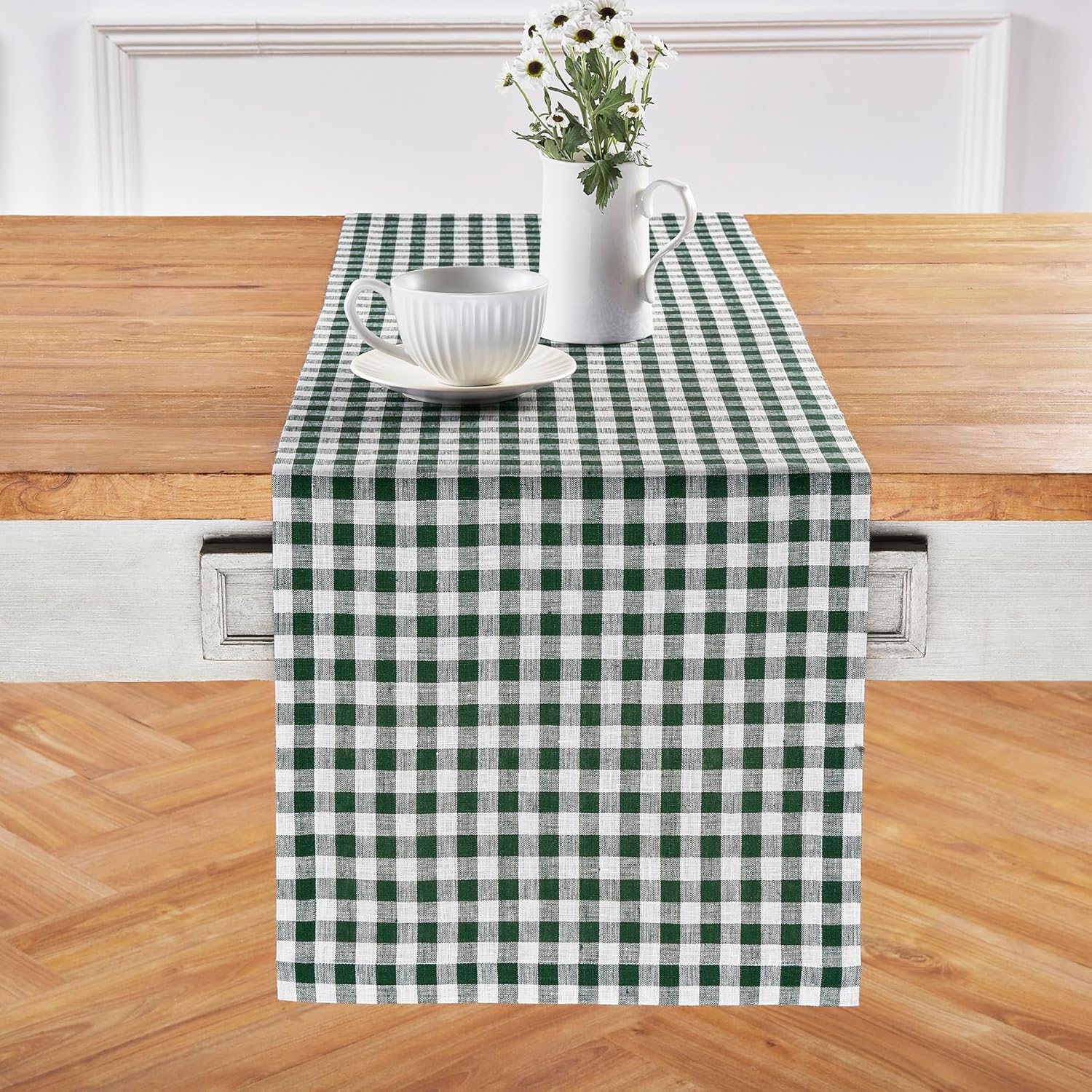 Gingham Check Table Runner 14 x 48 Inch - Pure Linen Green