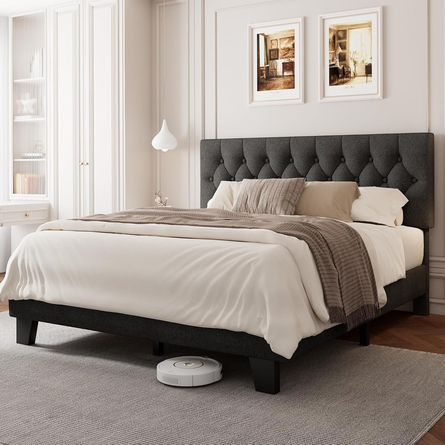 Queen Upholstered Bed Frame with Button Tufted Headboard