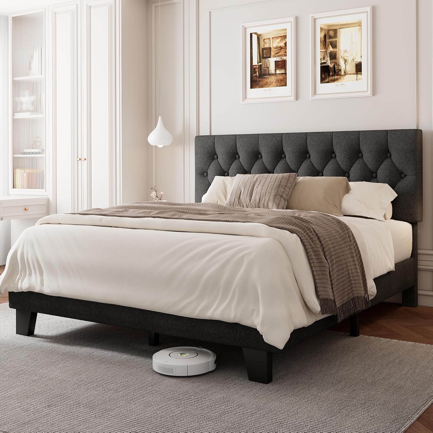 Queen Upholstered Bed Frame with Button Tufted Headboard