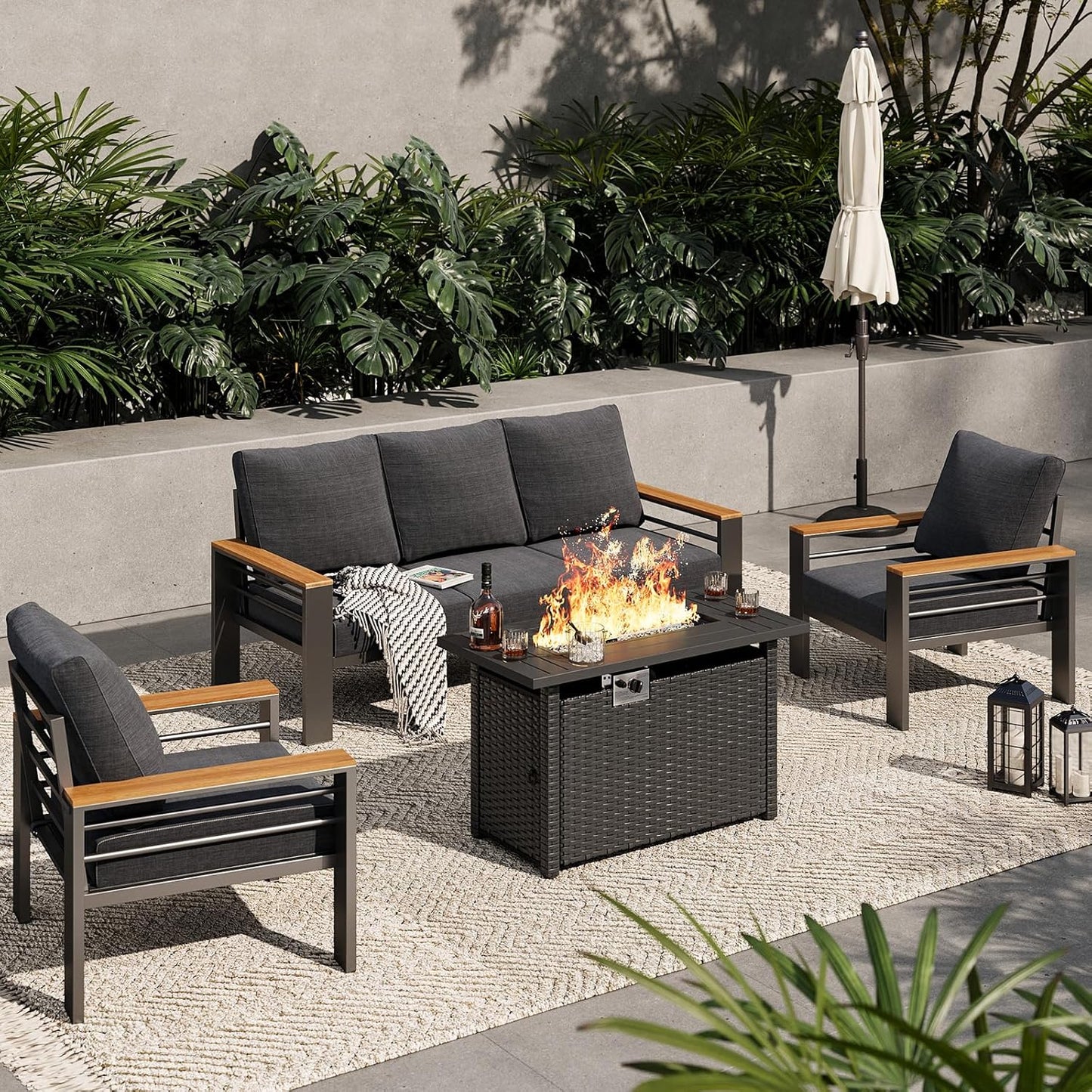 Aoxun Aluminum Outdoor Patio Furniture Set with Firepit Table