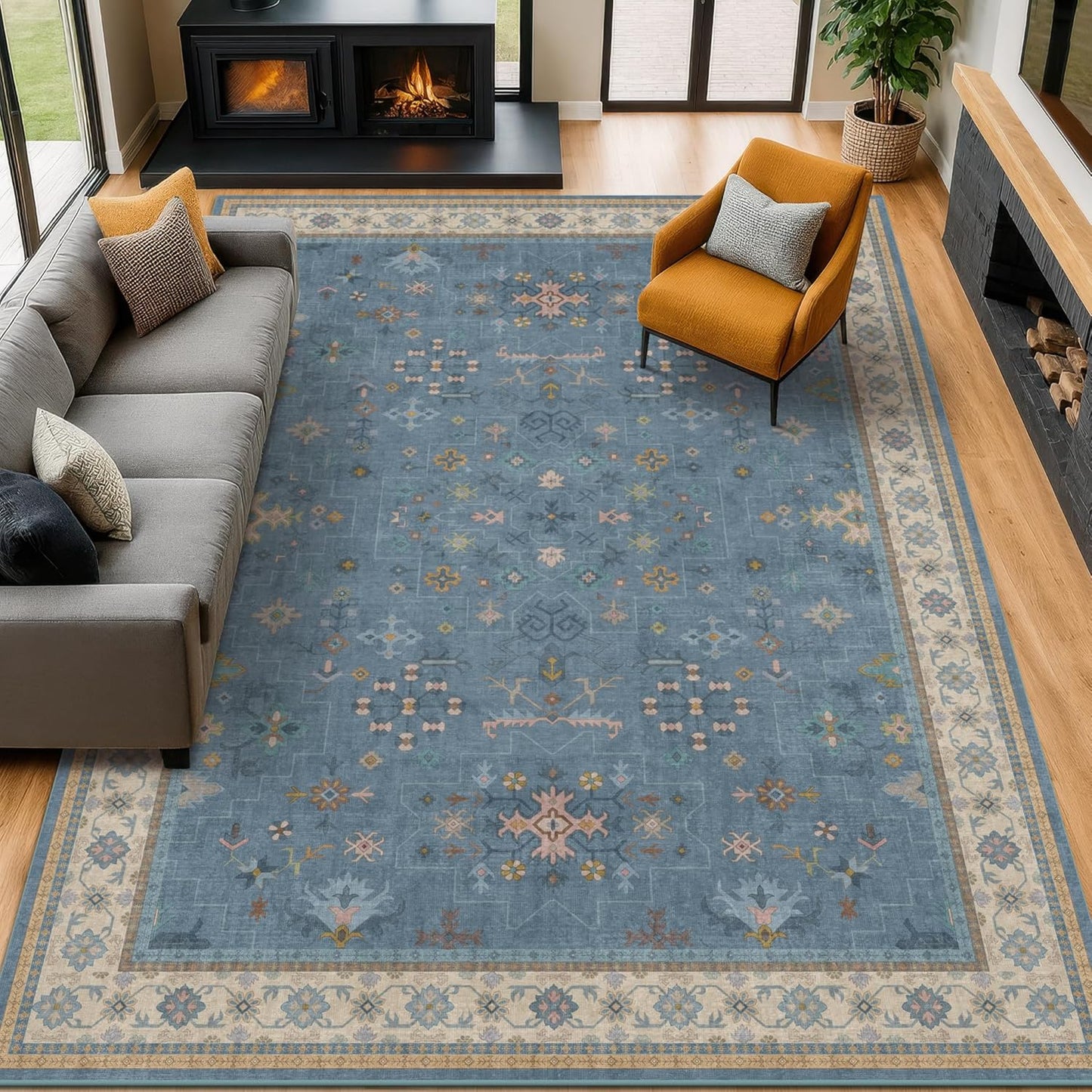 Boho 9x12 Soft Rugs for Living Room - Unique Dark Blue Decor