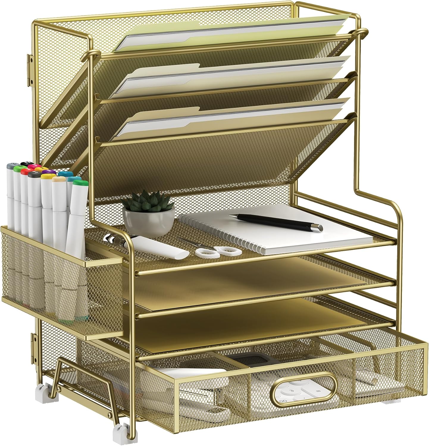 4-Tier Paper Organizer with Drawer & Pen Holders for Office Use