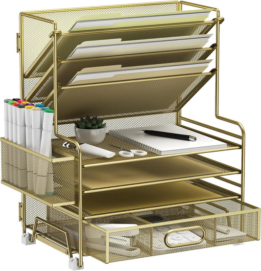 4-Tier Paper Organizer with Drawer & Pen Holders for Office Use
