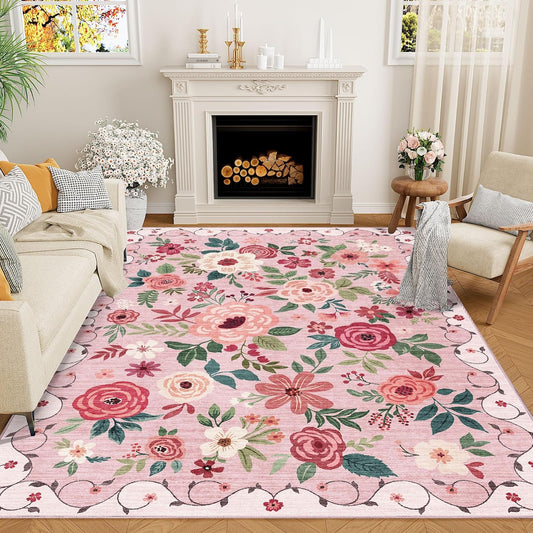DUKINO 5x7 Area Rug - Lightweight Non Slip Washable Floral Design