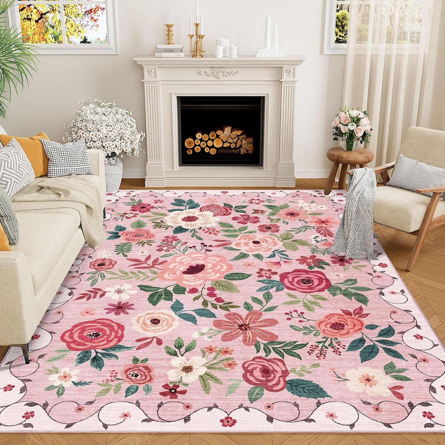 DUKINO 8x10 Area Rug - Floral Non-Slip Washable Boho Design