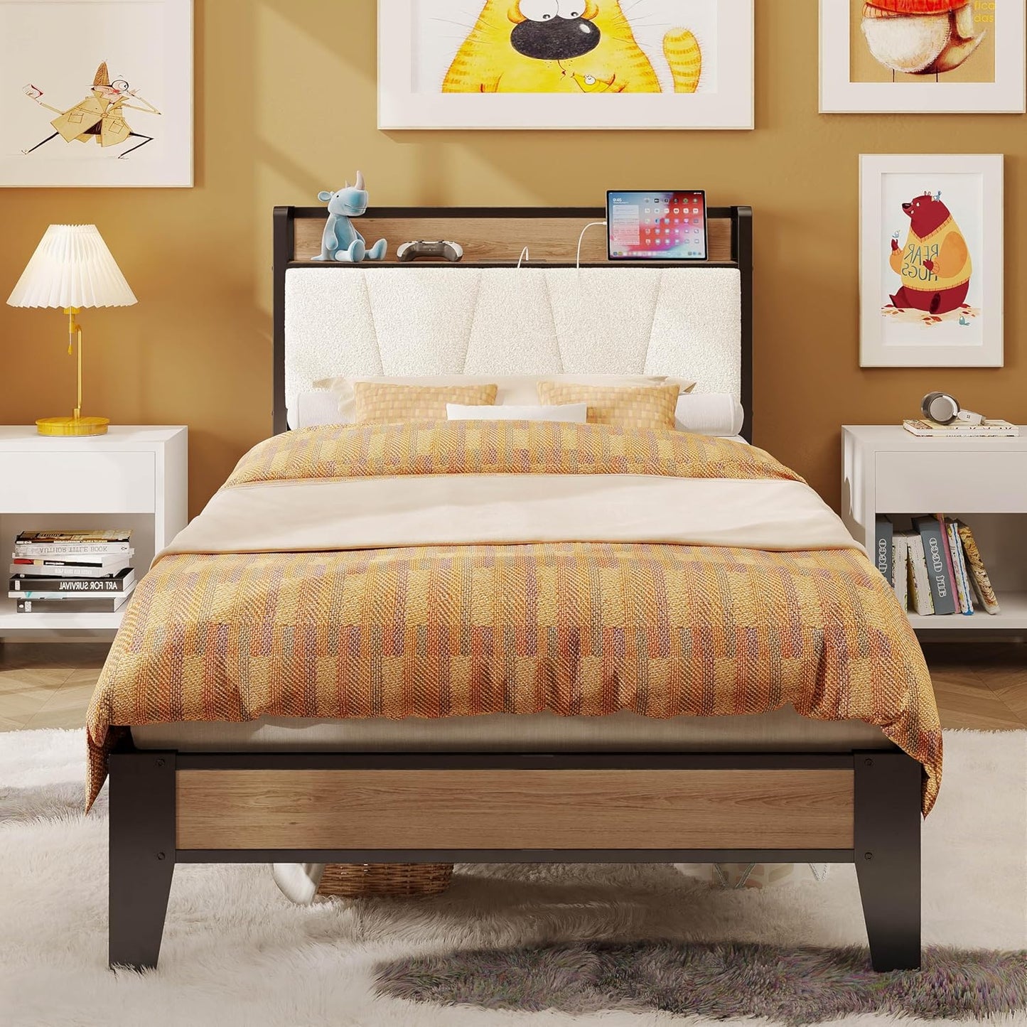 LIKIMIO Twin XL Bed Frame with Storage Headboard and Charging