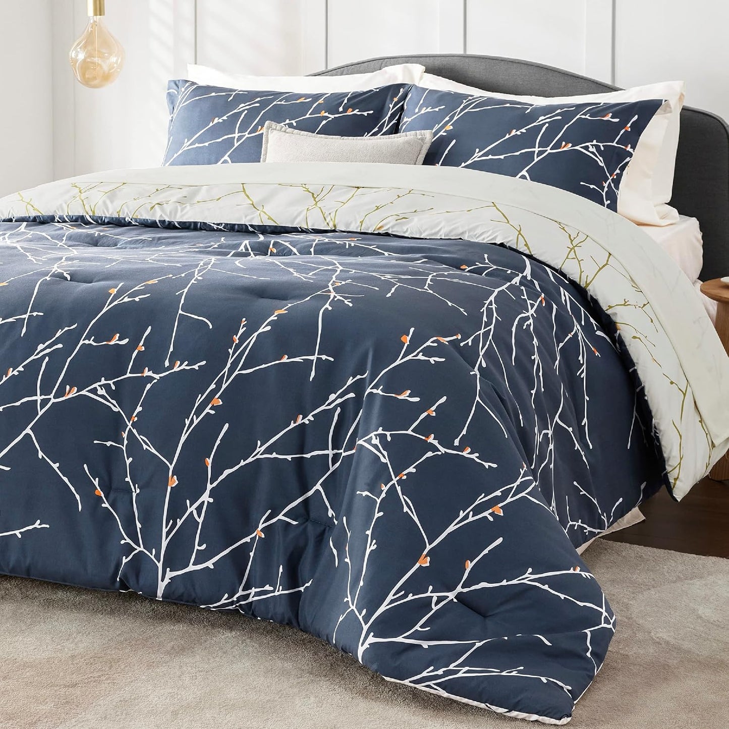 Bedsure Queen Comforter Sets - Floral Navy Blue Bed Set