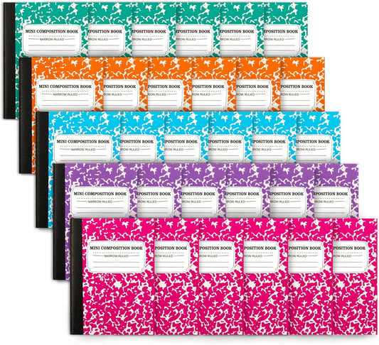 feela Mini Composition Notebook 30 Pack - Cute Bulk Marble Journals for Kids