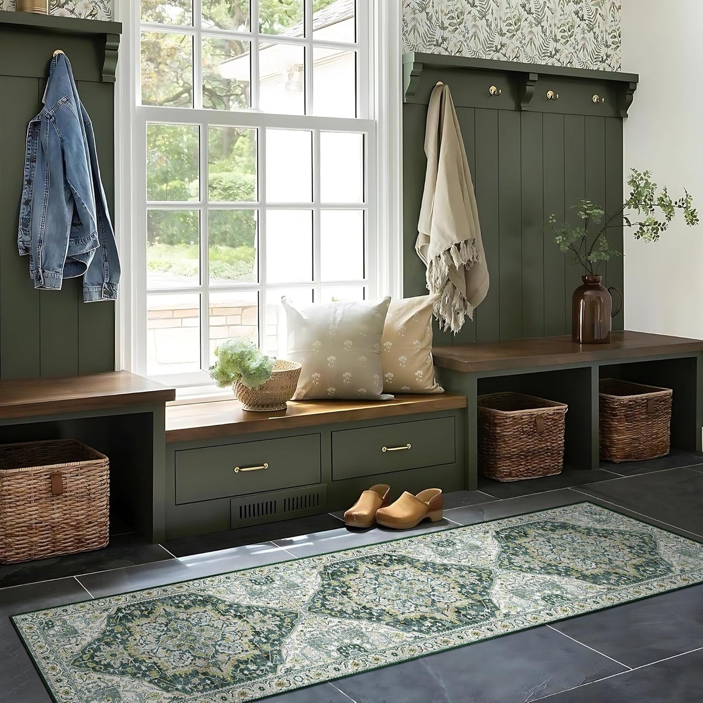 Deerly Green Boho Runner Rug 2x7 Washable for Hallways