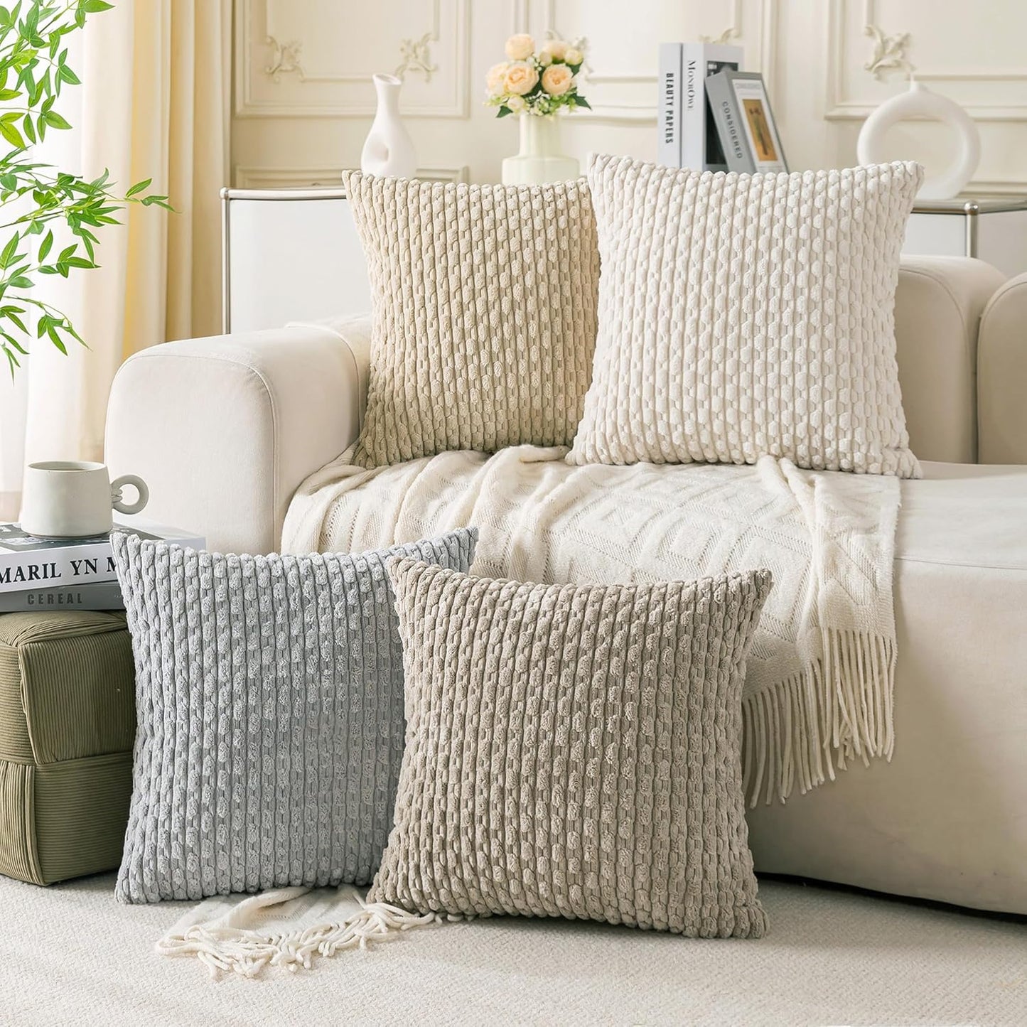 Set of 4 Neutral Decorative Throw Pillow Covers for Cozy Home