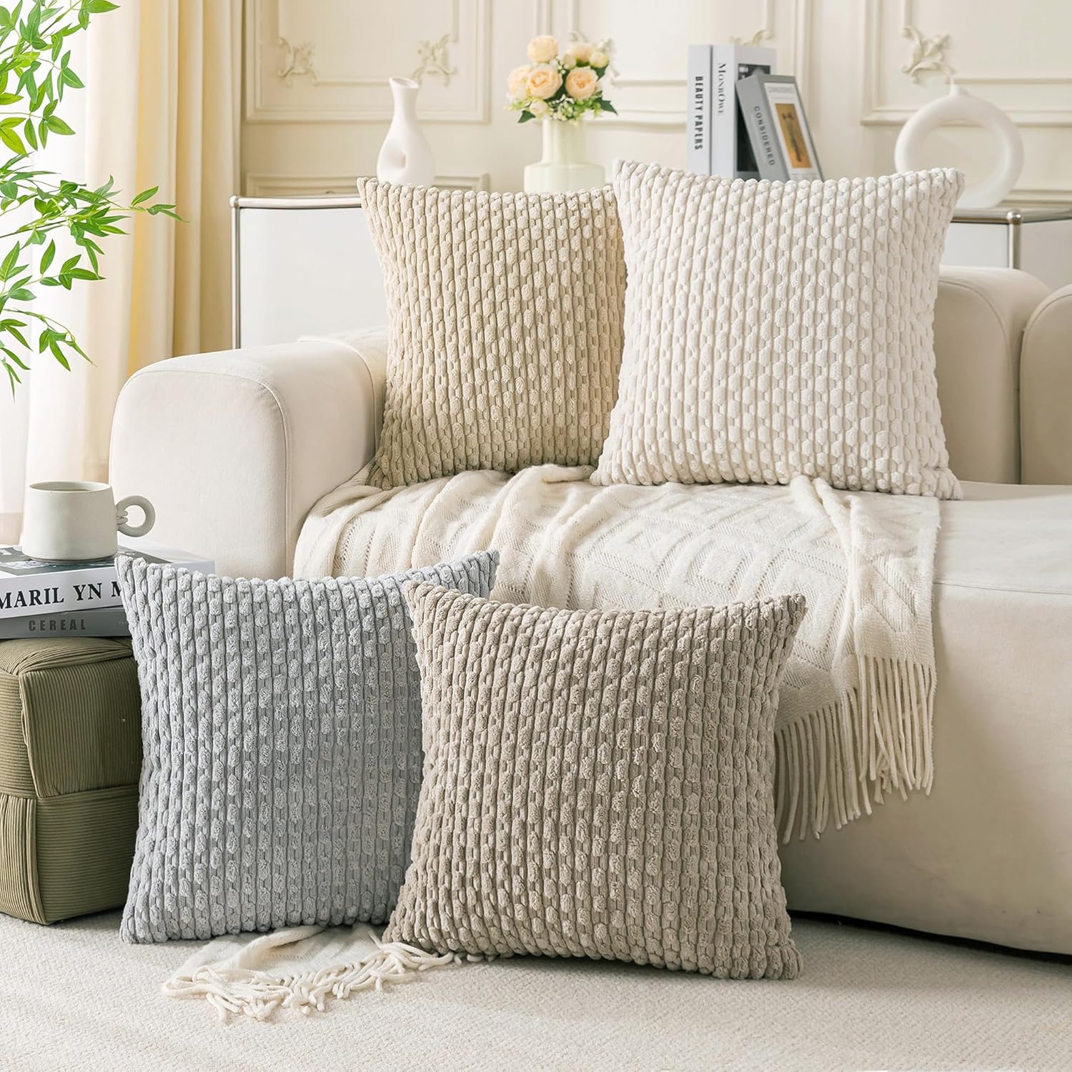 Set of 4 Neutral Decorative Throw Pillow Covers for Cozy Home