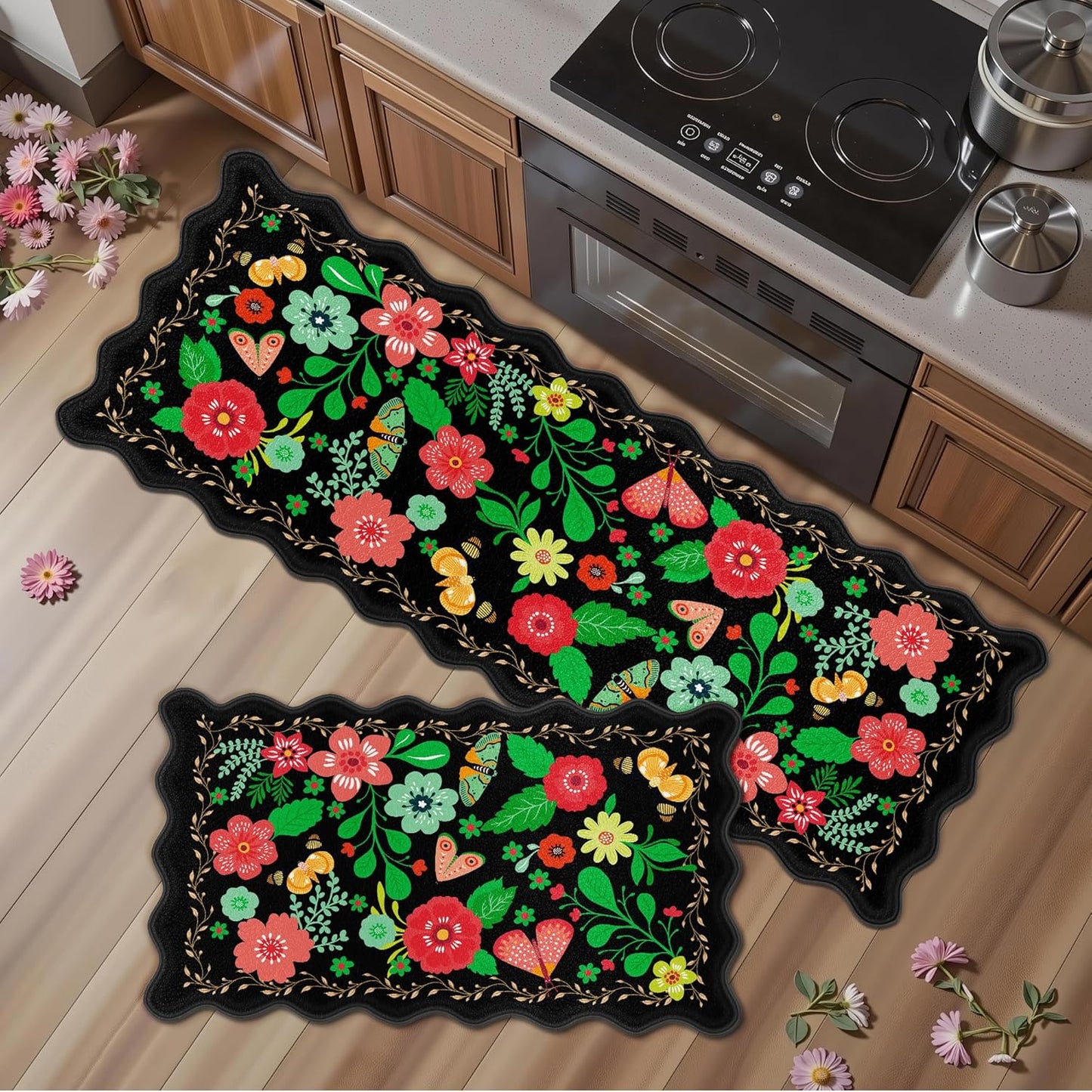 Scalloped Black Kitchen Mats for Floor - Cushioned Anti Fatigue