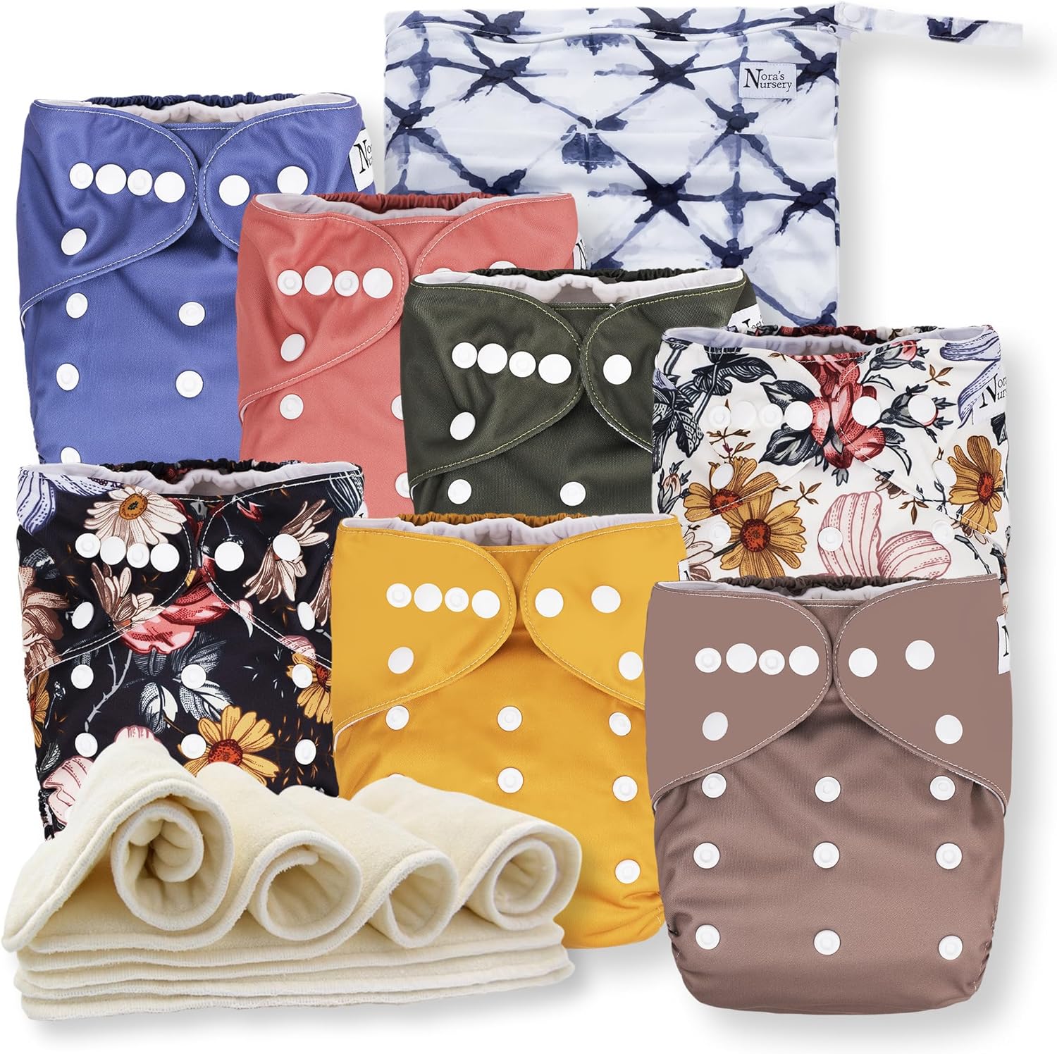 Nora's Nursery Cloth Diapers 7 Pack with Wet Bag for Babies