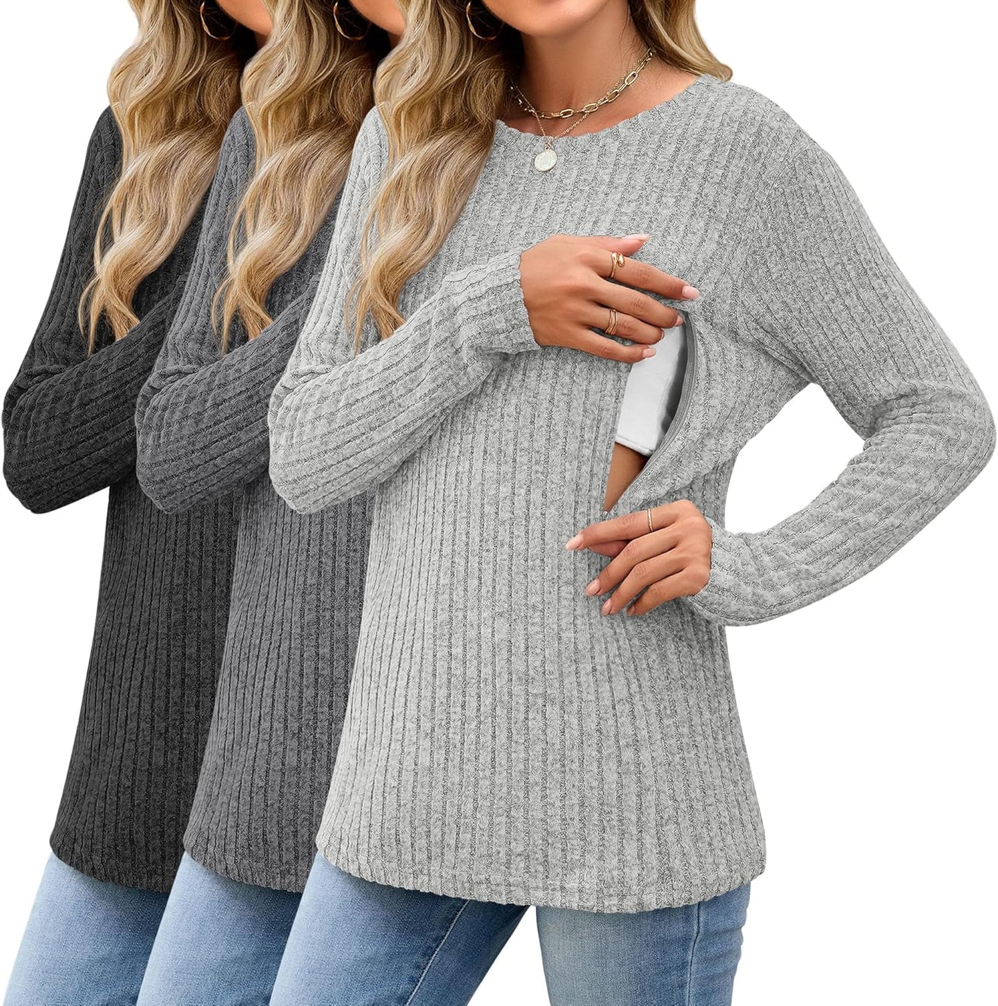 Nursing Long Sleeve Tops for Breastfeeding - 3 Pack Thermal Sweaters