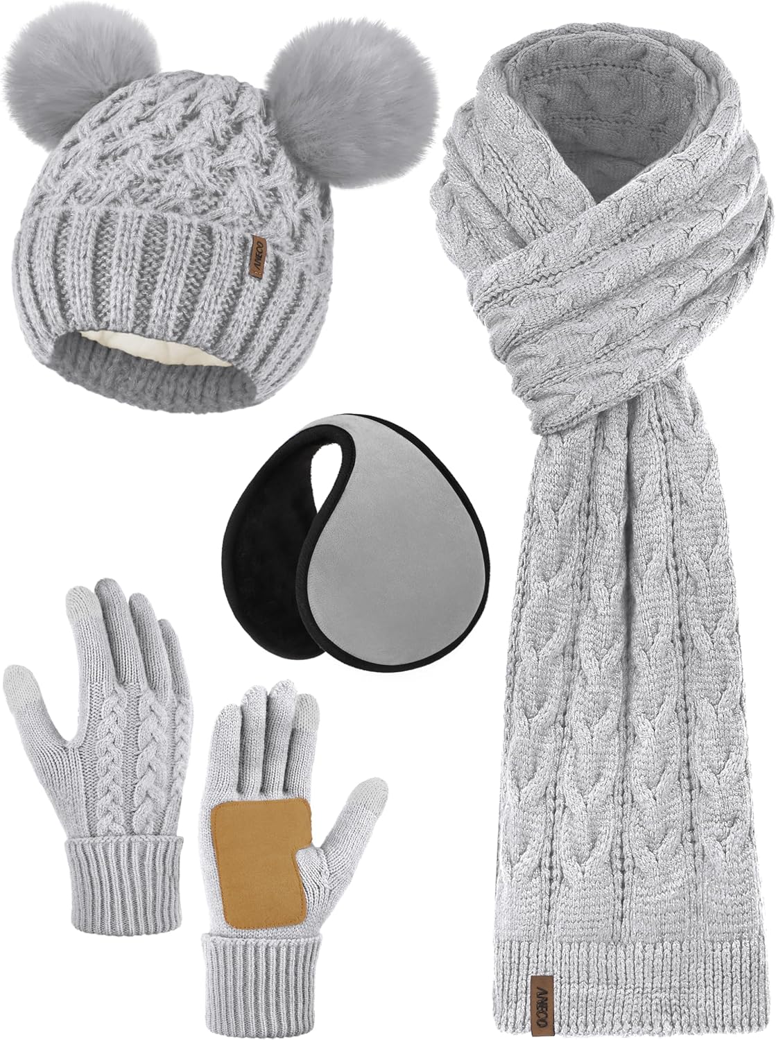 Aneco 4-in-1 Winter Set: Fleece-Lined Pom Pom Beanie & Touchscreen Gloves