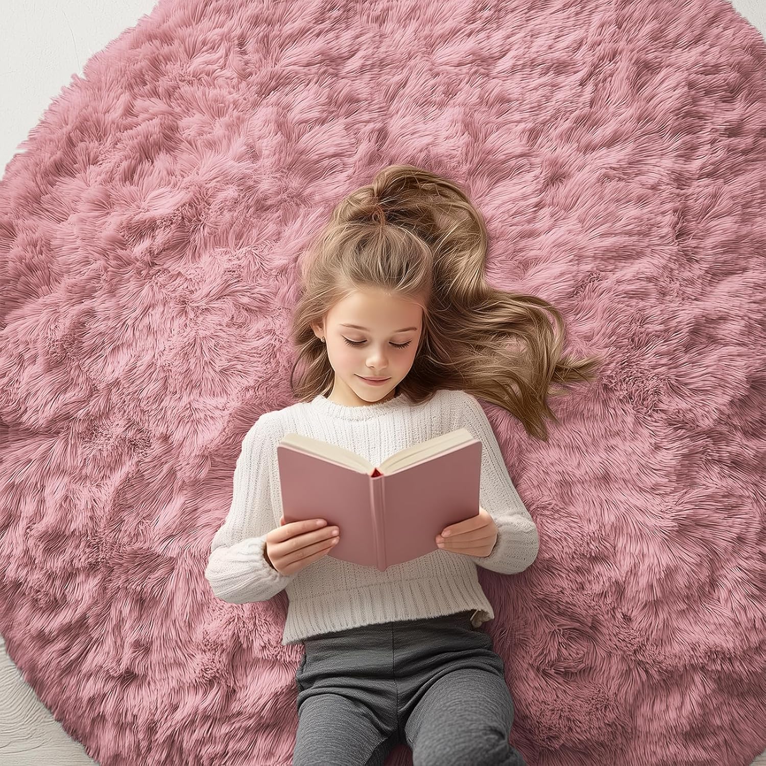 OLANLY Pale Pink Round Rugs for Bedroom - Soft and Fluffy