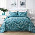 Cotton Bedspread Quilt Set Queen - Turquoise Classic Royal Pattern