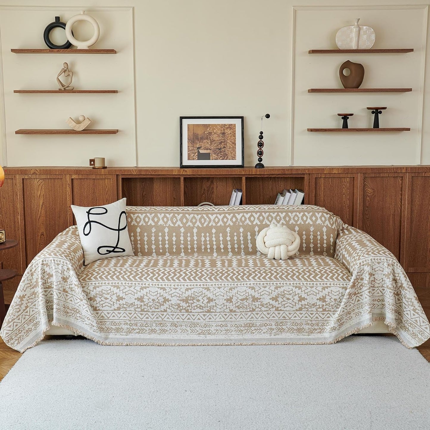 MEETSKY Boho Couch Cover for Sectional Sofa, Khaki 71in x 118in