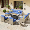 Navy Blue Outdoor Sectional Patio Furniture Set with Fire Pit - Extra
