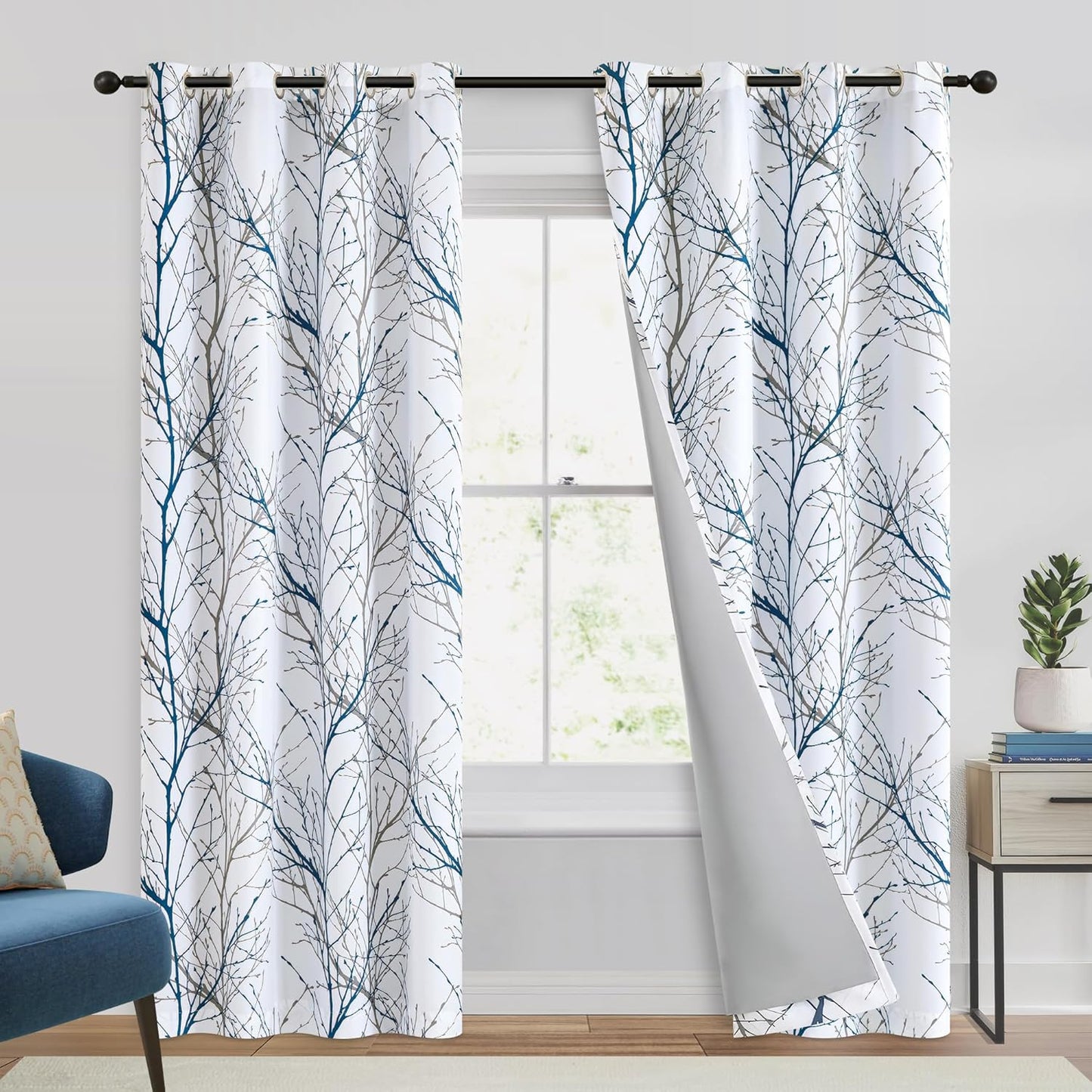 FMFUNCTEX 100% Blackout Curtains with Blue White Tree Design