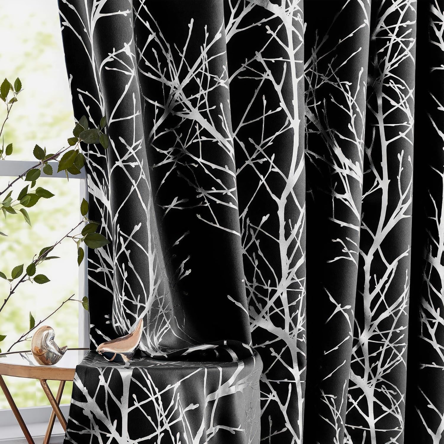 FMFUNCTEX Blackout Curtains with Silver Foil Tree Pattern