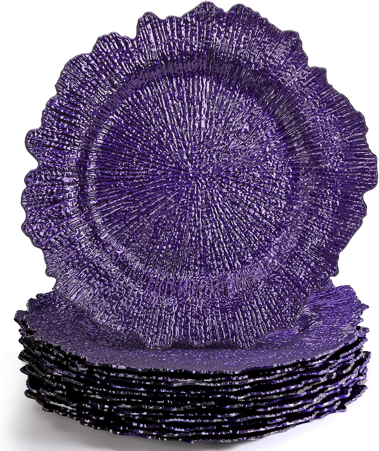 WUWEOT Purple Ruffled Charger Plates - Set of 12, 13 Bulk Dinner Under Plates for Elegant Table Decor