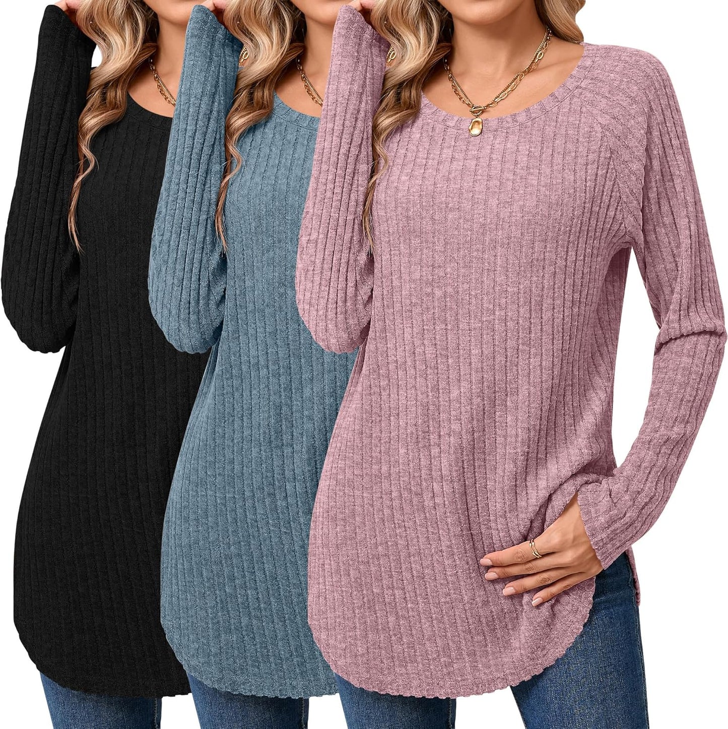 Ficerd Women's Curved Hem Long Sleeve Sweaters - 3 Pack Tunics