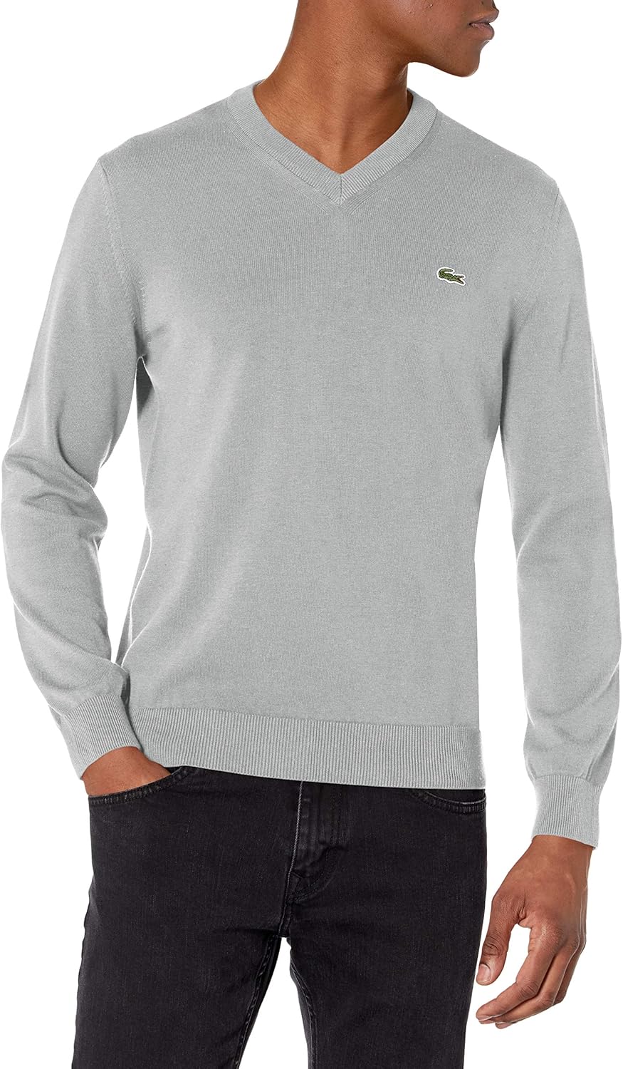 Lacoste Mens Long Sleeve Regular Fit V-neck Organic Cotton Sweater