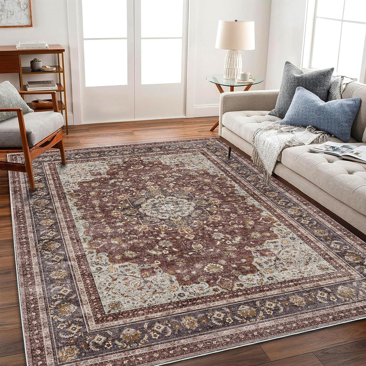 Vintage Traditional Area Rug 6ftx9ft Washable Non Slip Carpet