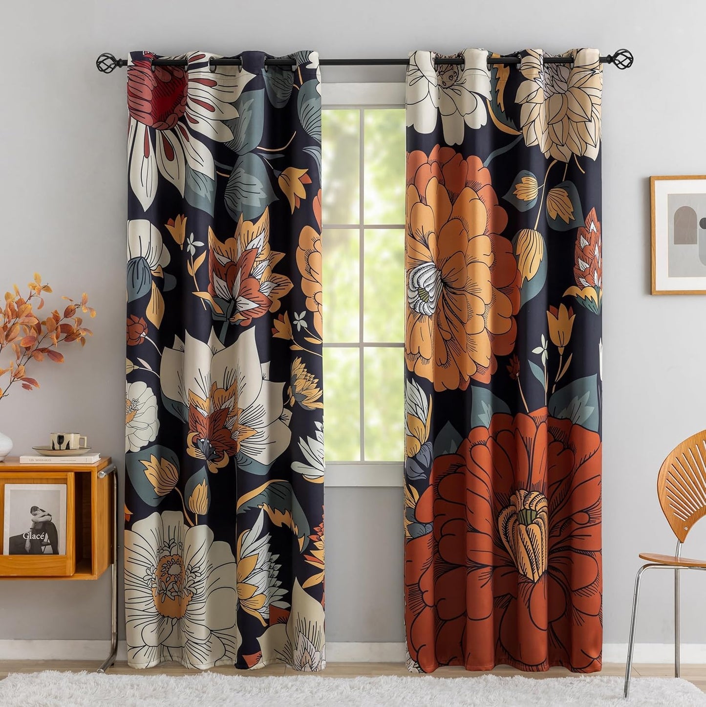Black Boho Floral 100% Blackout Curtains for Bedroom 96 in Long