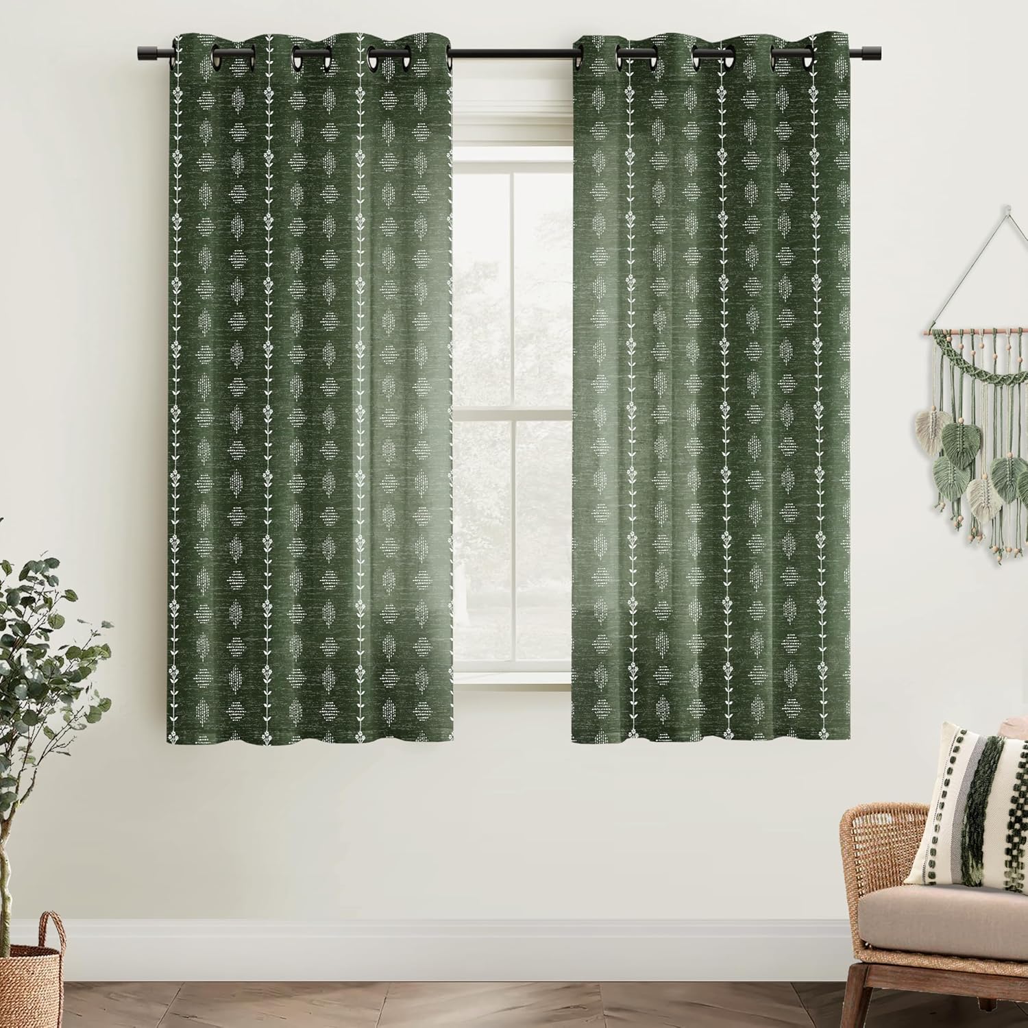 63 Inch Length Curtains for Living Room, Sheer Boho Olive Green