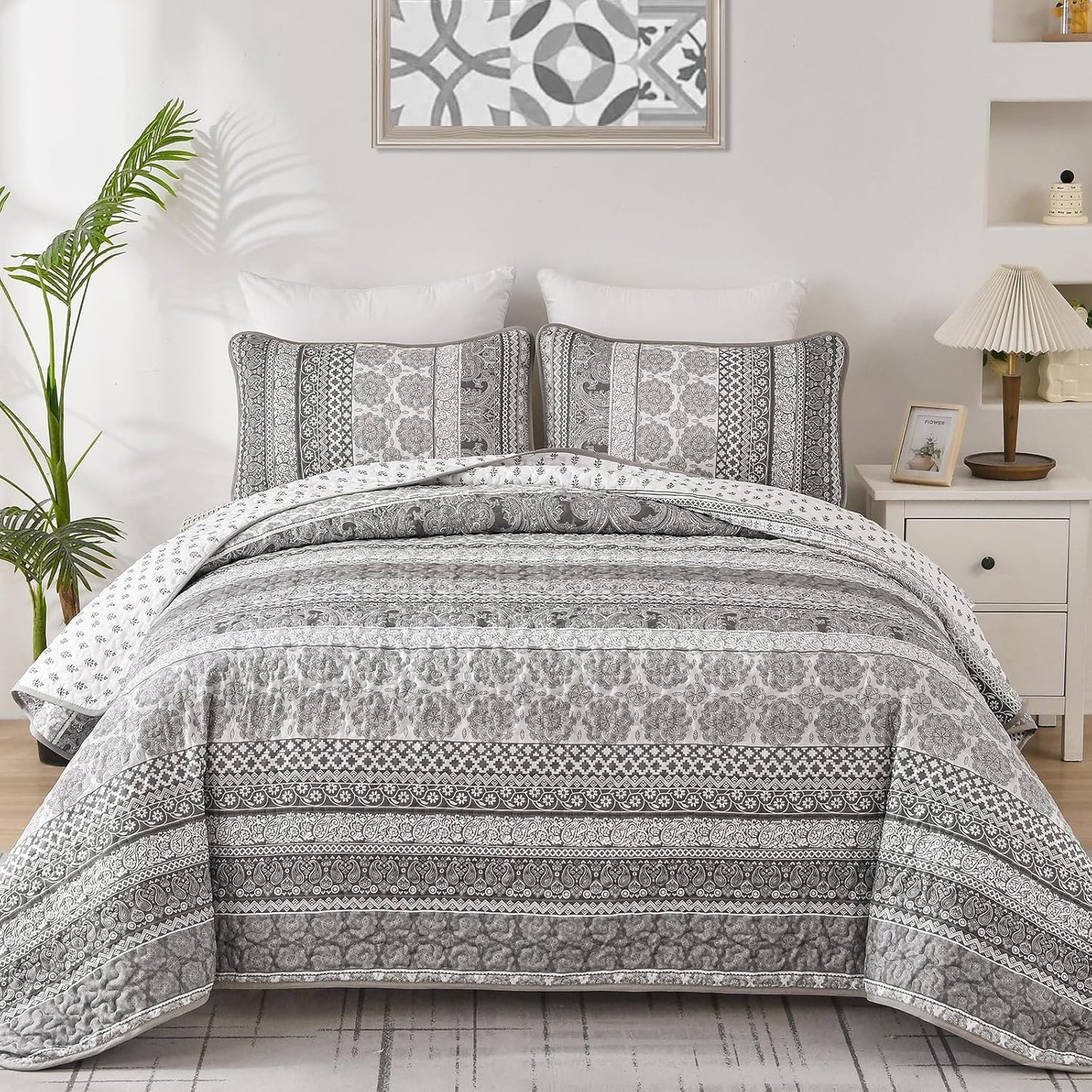 Boho Quilt Set King Size - Gray Lightweight Bedspread Coverlet