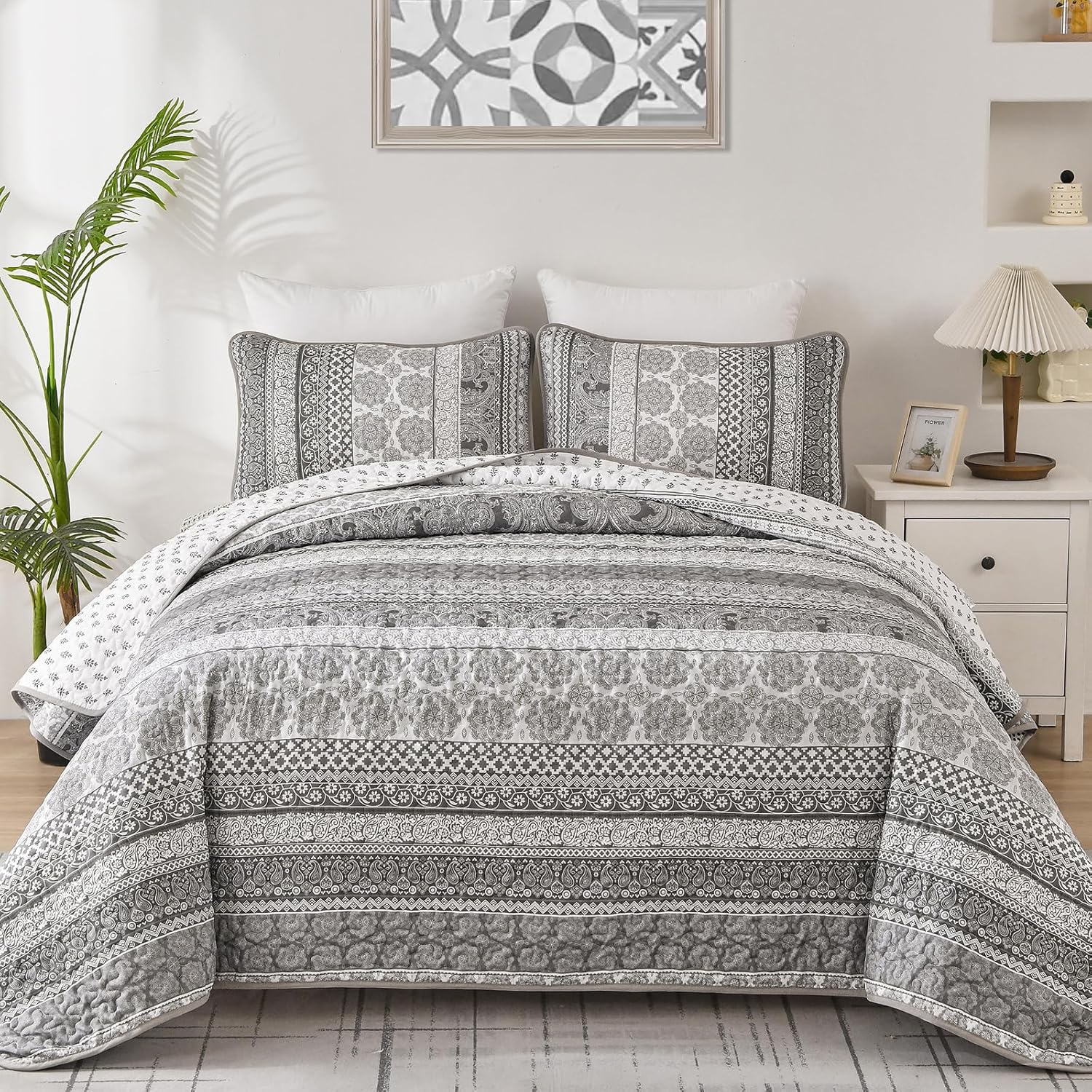 Boho Quilt Set King Size - Gray Lightweight Bedspread Coverlet