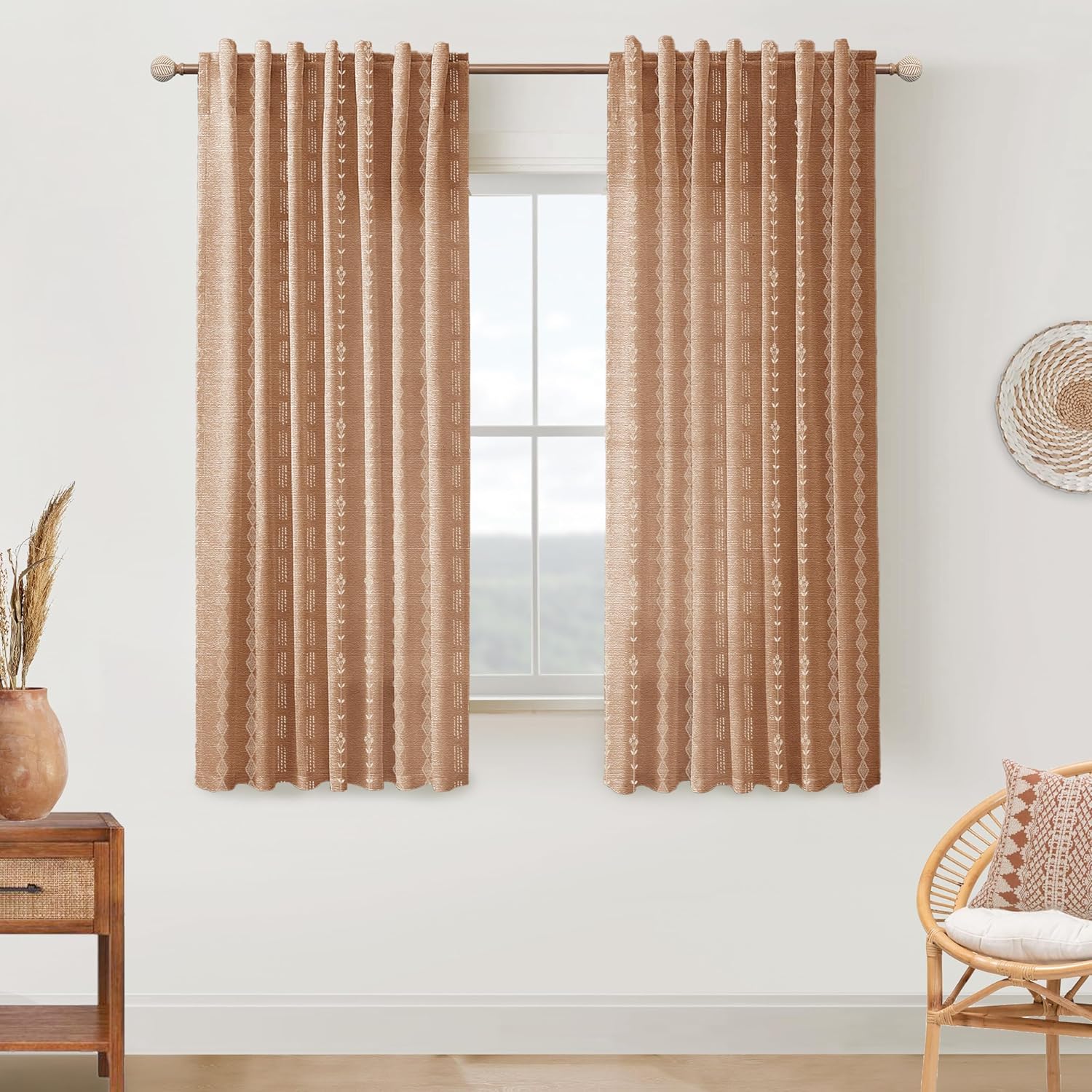 64 Inch Light Terracotta Sheer Boho Curtains for Home Decor